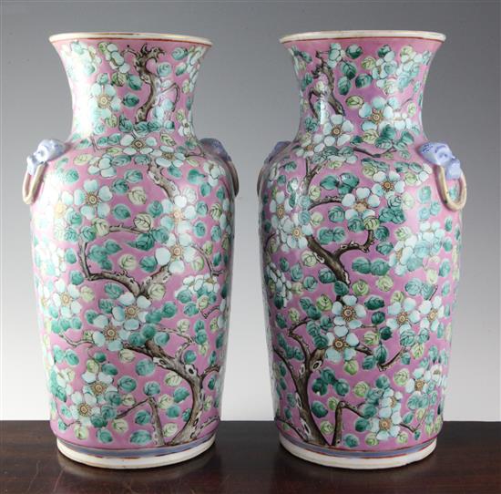 A pair of Chinese pink ground baluster vases, late 19th century, 36cm